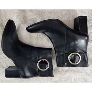 Marroqui Sanchez black leather ankle boots zip up deco silver buckle 31/2" heel